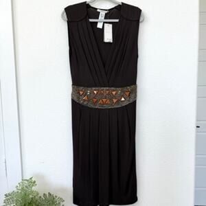 MNG Mango ZSD Delphine Brown Beaded Waist V-Neck Cocktail Dress NWT‎ L
